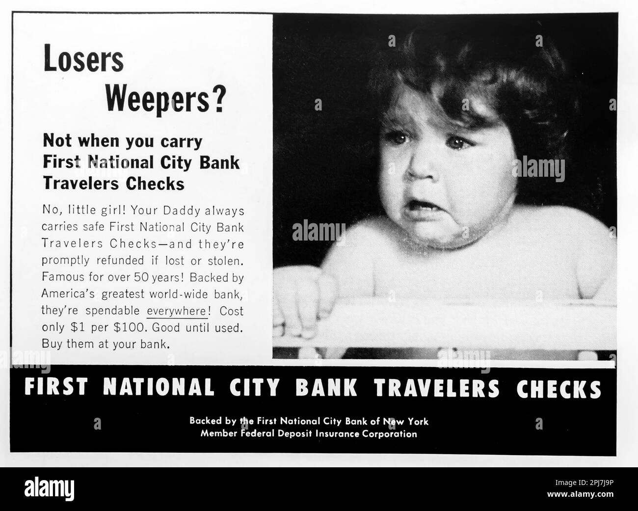 First national city bank traveller cheques - crying baby advert in a Natgeo magazine, May 1957 Stock Photo