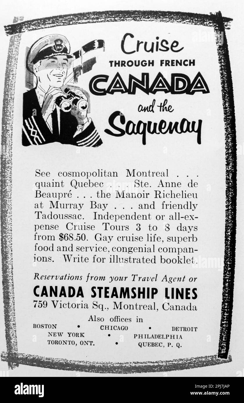 Canada steamship lines cruise cruises advert in a Natgeo magazine, May 1957 Stock Photo