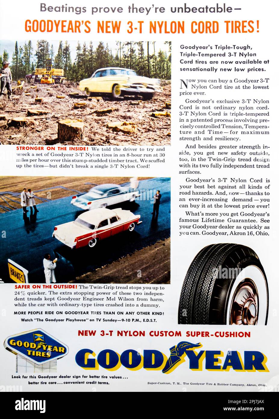 Goodyear 3-T Nylon cord tire advert in a Natgeo magazine, May 1957 Stock Photo