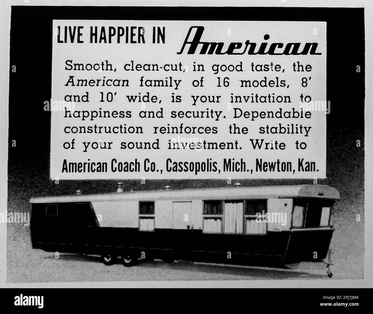 American coach trailer mobile home advert in a Natgeo magazine, May 1957 Stock Photo