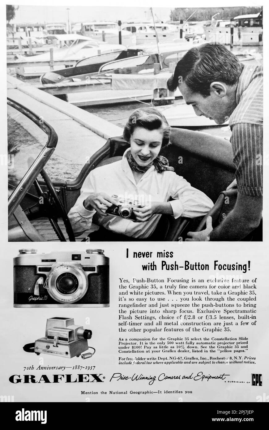 Graflex camera, projector advert in a Natgeo magazine June 1957 Stock Photo