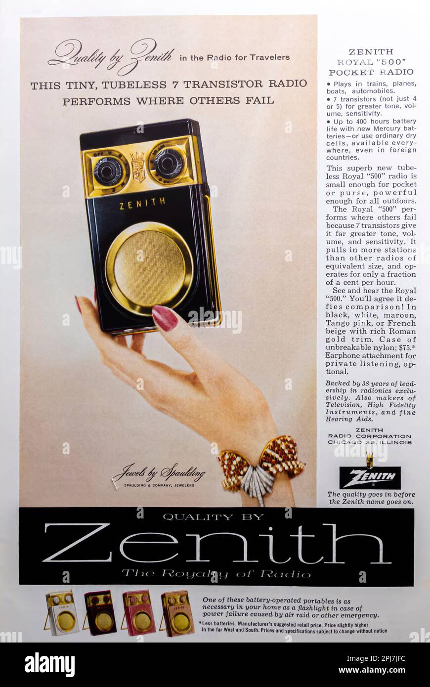Zenith 500 pocket radio advert in a Natgeo magazine, July 1957 Stock Photo