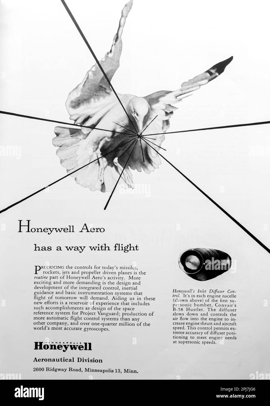 Honeywell Aero aeronautical - Inlet diffuser control advert in a Natgeo magazine, July 1957 Stock Photo