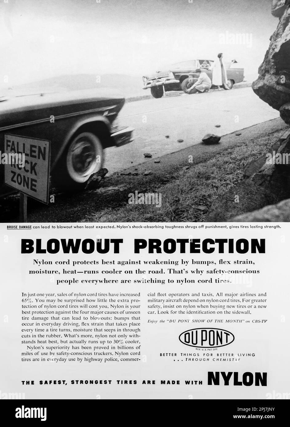 DuPont Nylon tires, tire, tyre advert in a Natgeo magazine, February 1958 Stock Photo