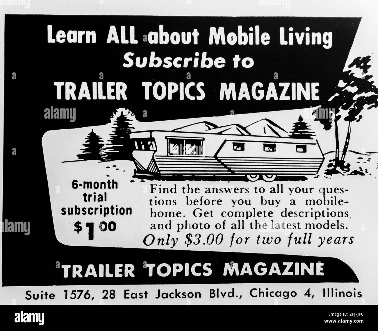 Trailer Topics Magazine subscription - mobile iving advert in a Natgeo magazine, February 1958 Stock Photo