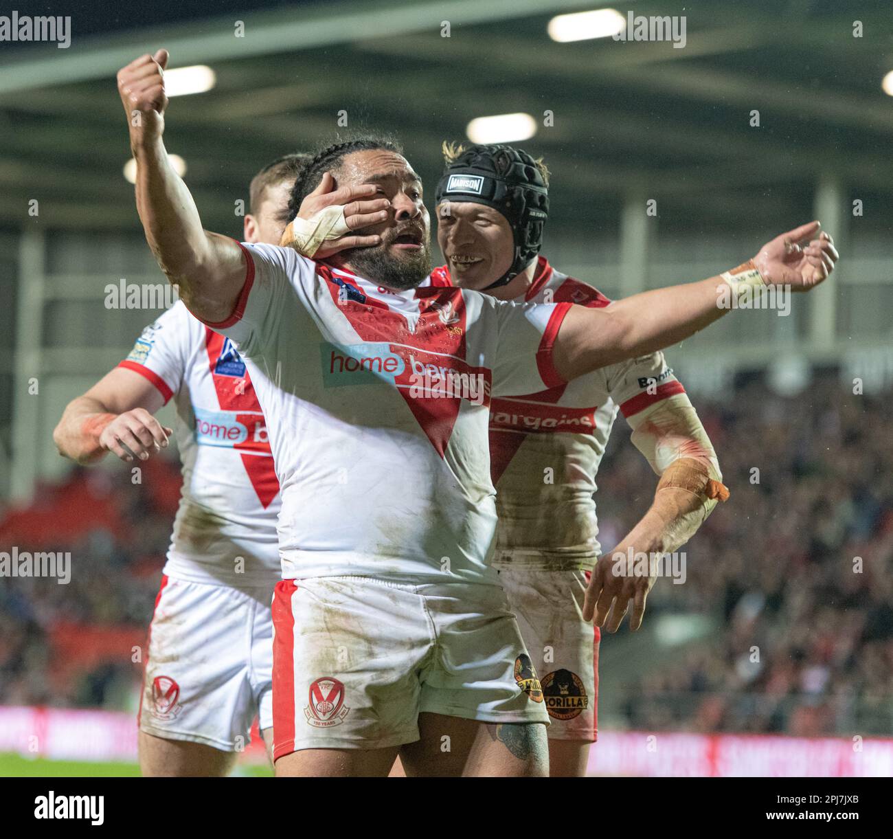 St Helens, Merseyside, England 31st March 2023. Konrad Hurrell celebrates his try during, St Helens Rugby Football Club V Wakefield Trinity Rugby League Football Club at the Totally Wicked Stadium, the Betfred Super League (Credit Image: ©Cody Froggatt/Alamy live news) Stock Photo