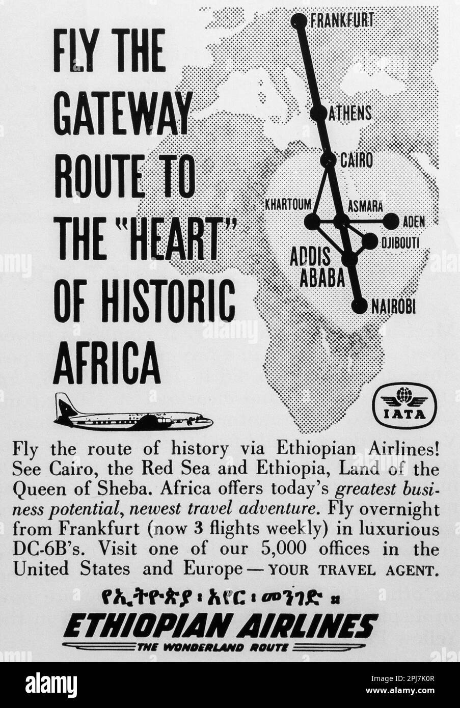 Ethiopian airlines advert in a Natgeo magazine, December 1959 Stock Photo