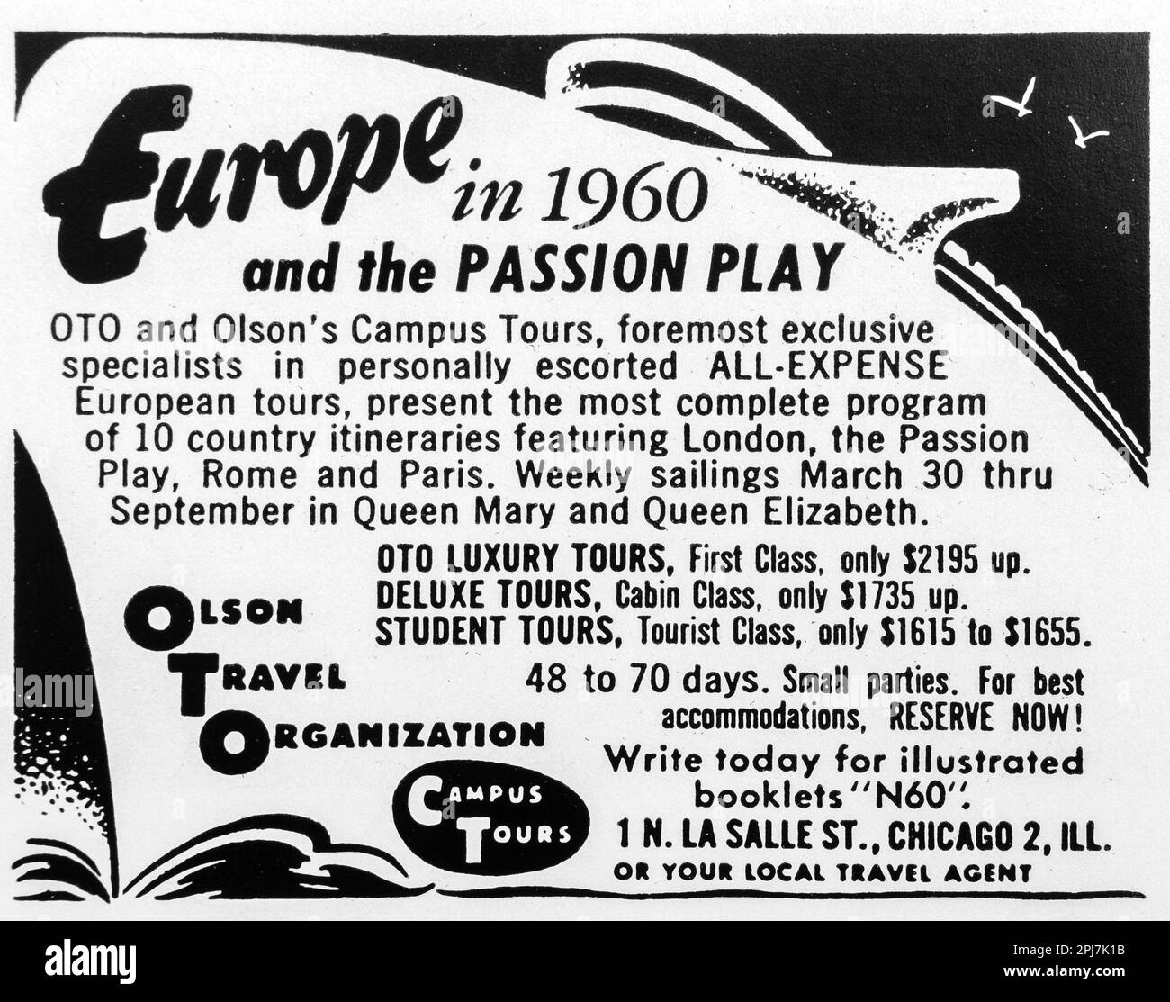 Olson travel organization Campus European tour advert in a Natgeo magazine, December 1959 Stock Photo