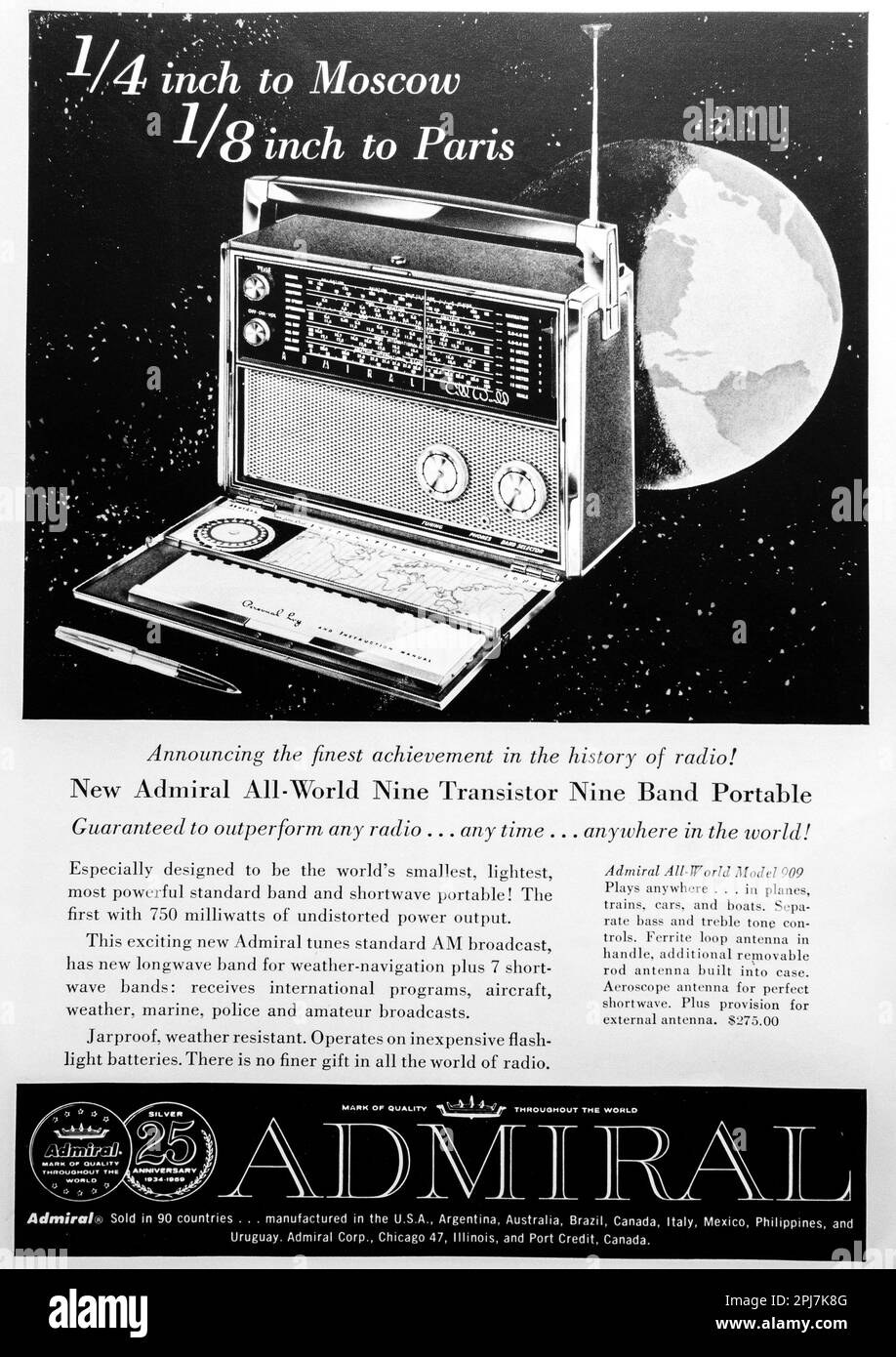Admiral world transistor portable radio advert in a Natgeo magazine, November 1959 Stock Photo