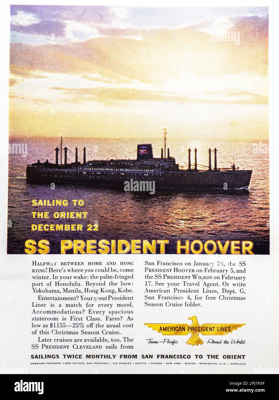American President Lines - SS President Hoover advert in a Natgeo magazine, November 1959 Stock Photo