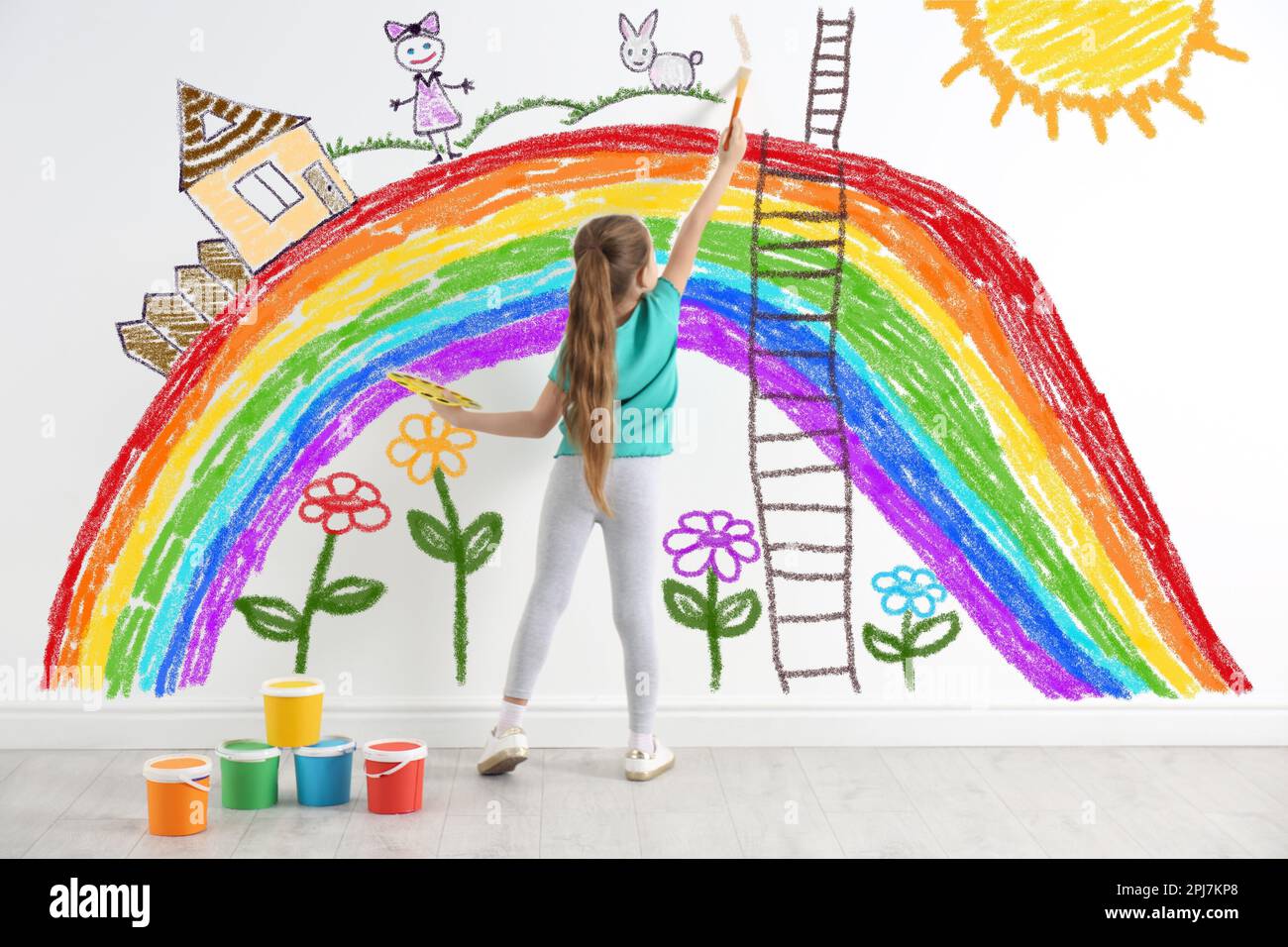 Little girl drawing her dreams on wall, back view Stock Photo Alamy