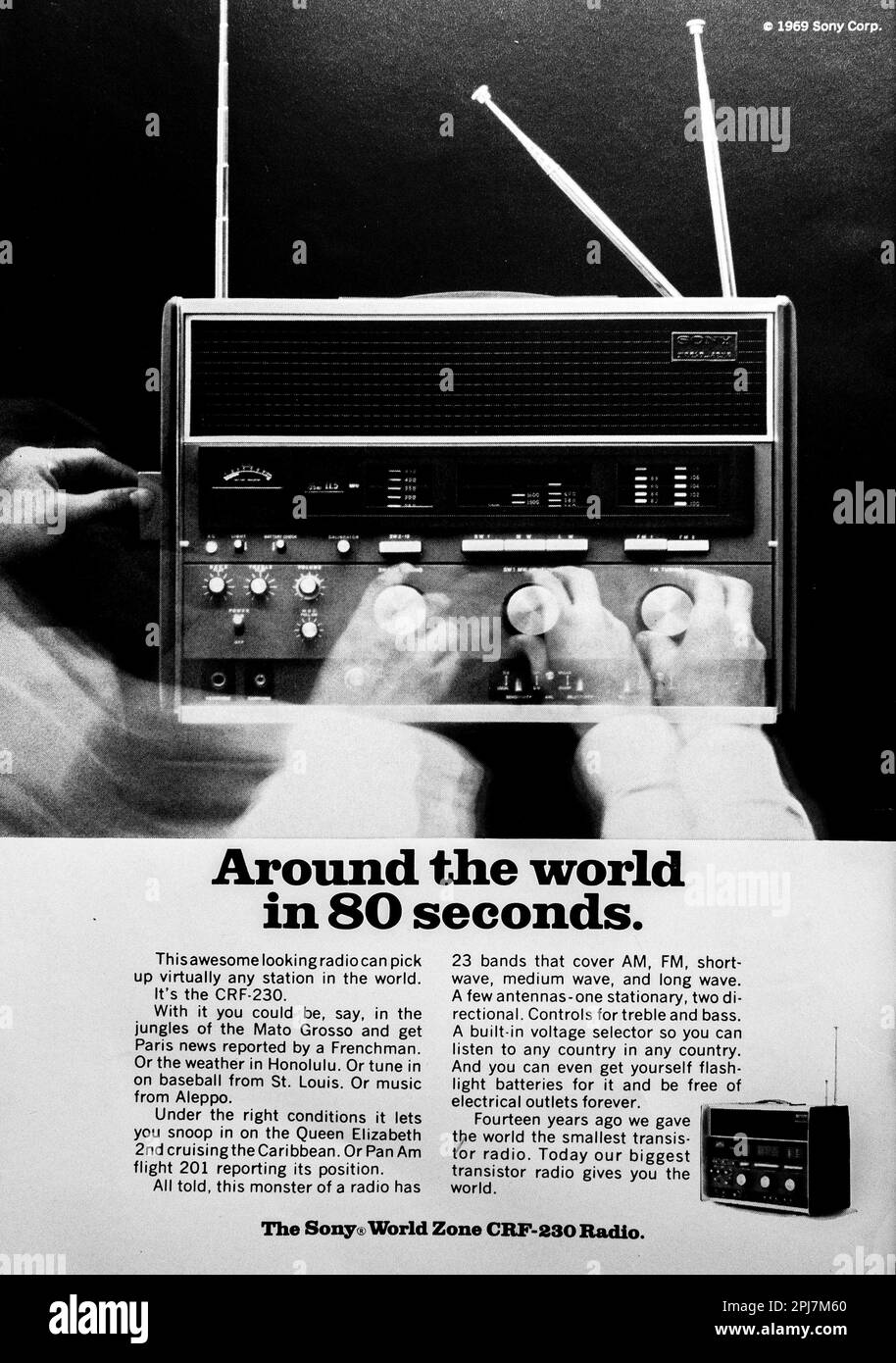 Sony SRF-230 radio advert in a Natgeo magazine, August 1969 Stock Photo