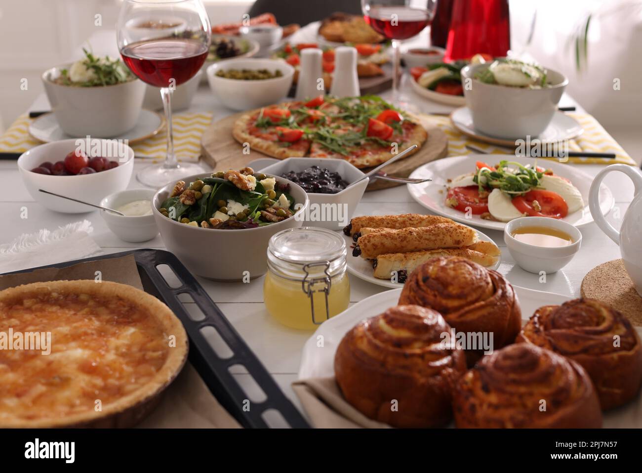 Many different dishes served on buffet table for brunch Stock Photo