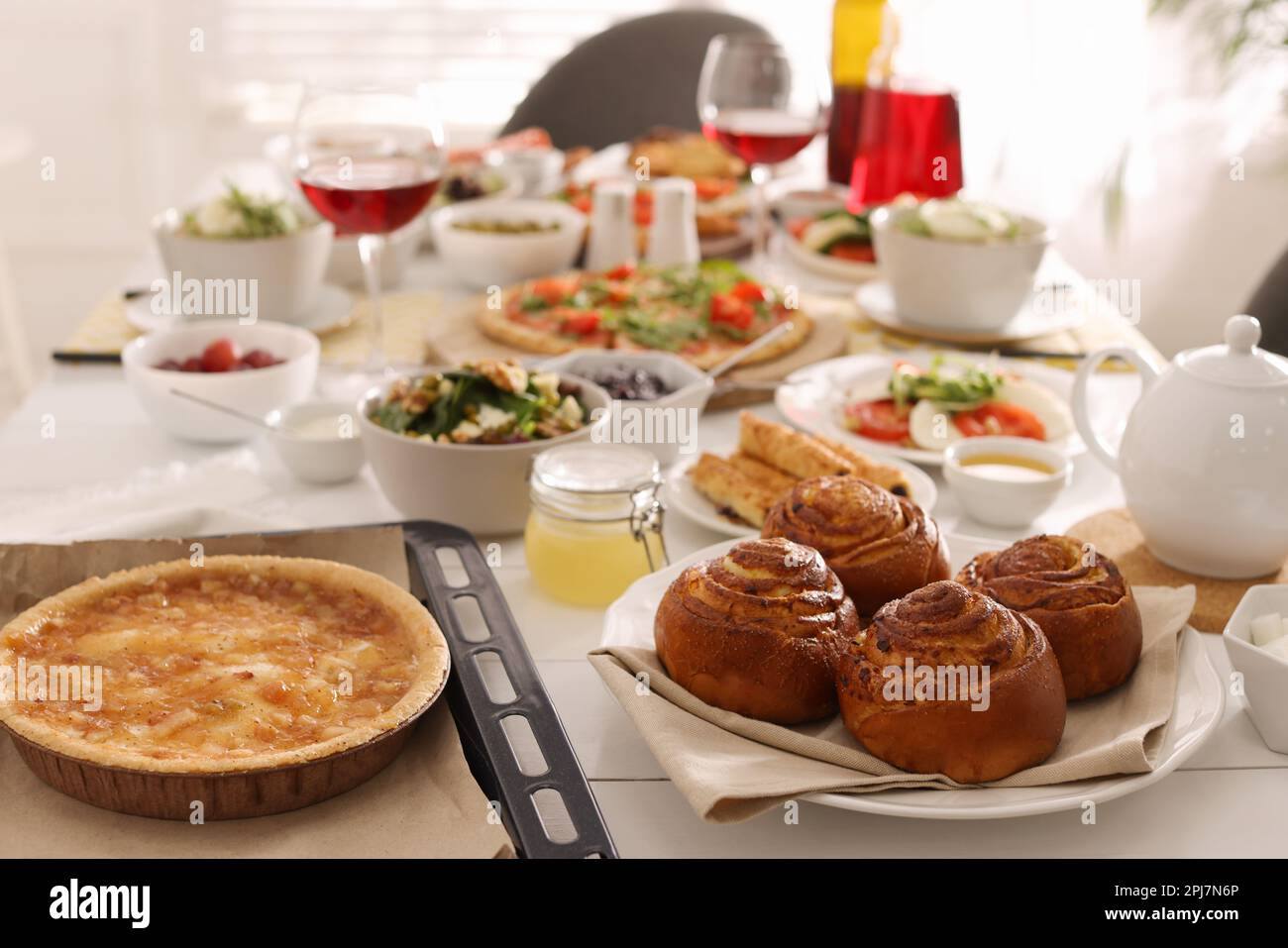 Many different dishes served on buffet table for brunch Stock Photo