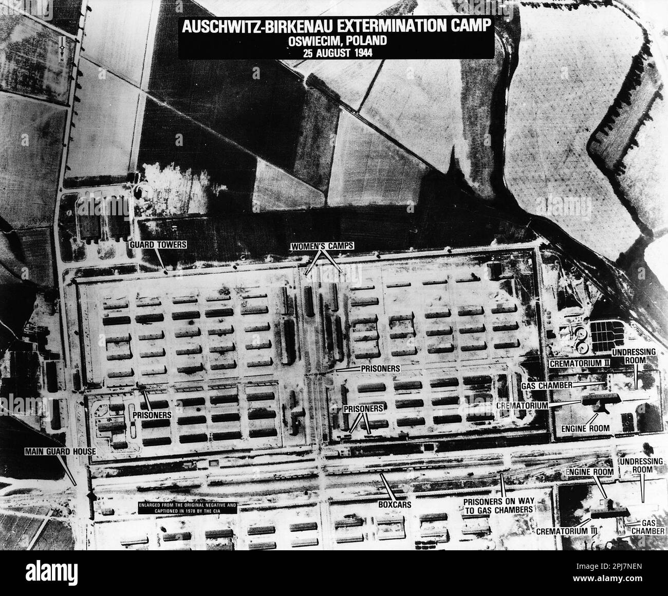 Photograph of the German extermination camp at Auschwitz II-Birkenau in occupied Poland, taken by a United States Army Air Force plane on August 25, 1944. Crematoria II and III are visible. Stock Photo