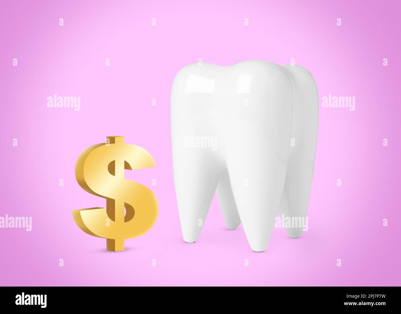 Model of tooth and golden dollar sign on pink background. Concept of
