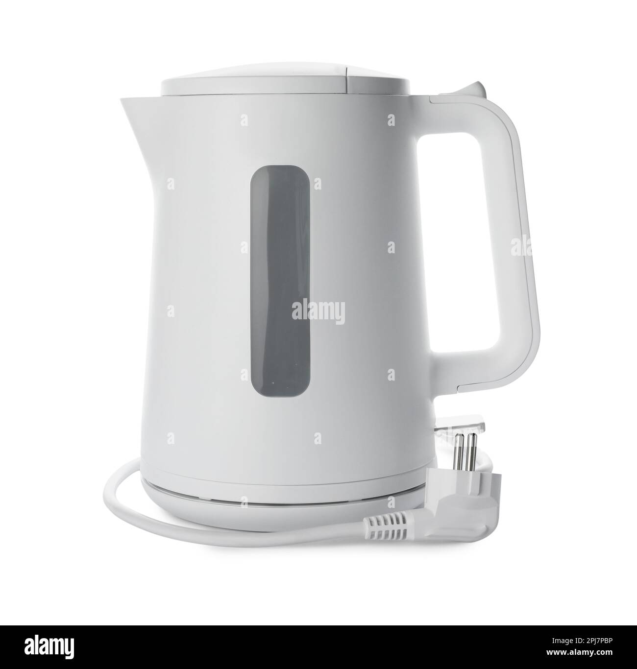 Modern electric kettle with base and plug isolated on white Stock Photo