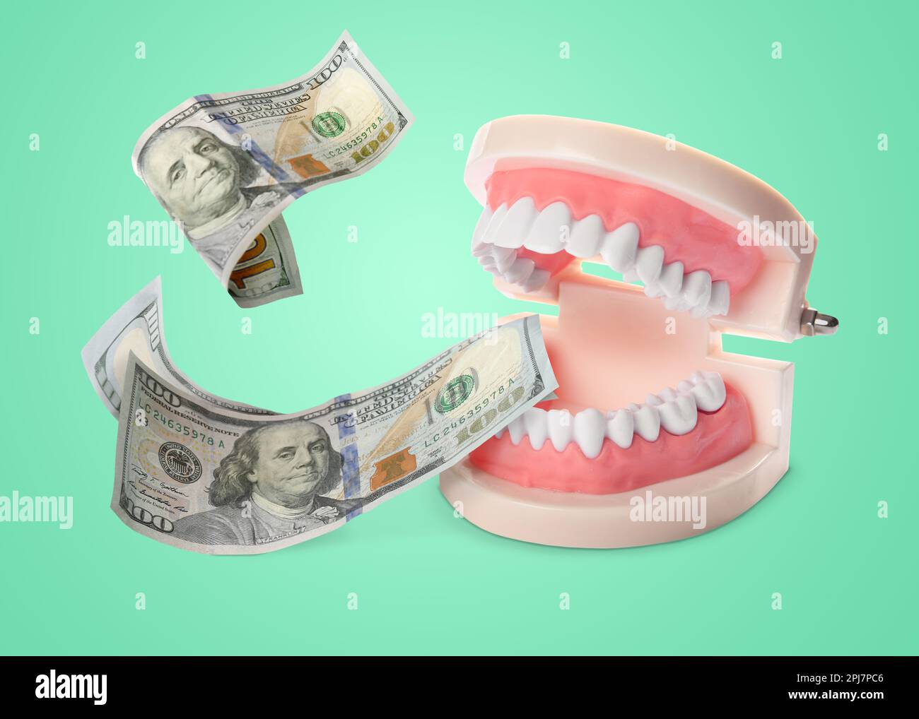 Model of oral cavity with teeth and dollar banknotes on turquoise