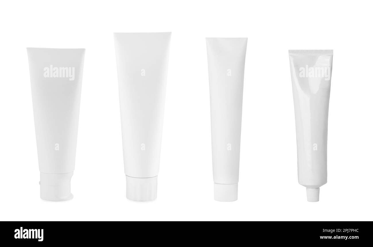 Collage with different toothpastes on white background Stock Photo - Alamy