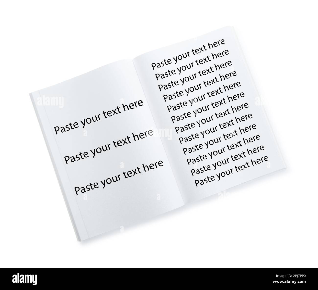 Open notebook with many phrases Paste Your Text Here on white