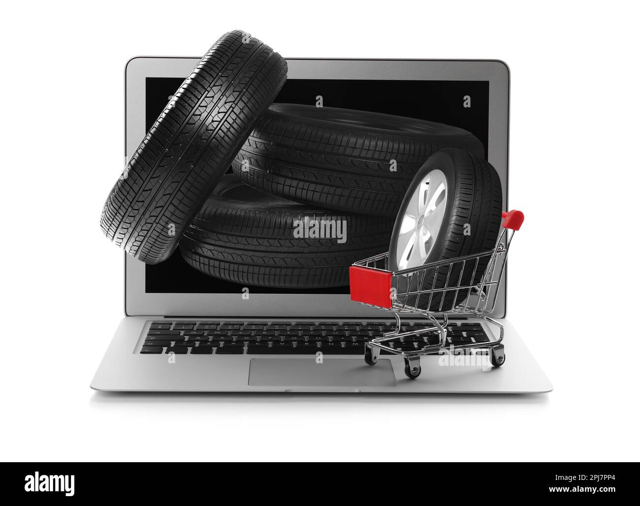 Online auto store, delivery service. Modern laptop, shopping cart and