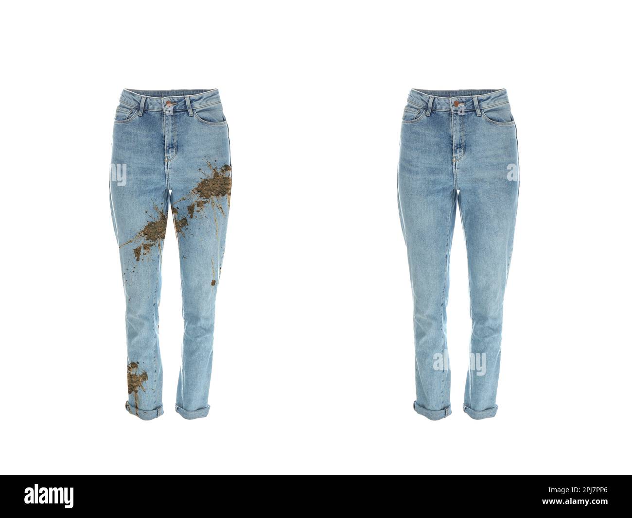 Stylish jeans before and after washing on white background, collage