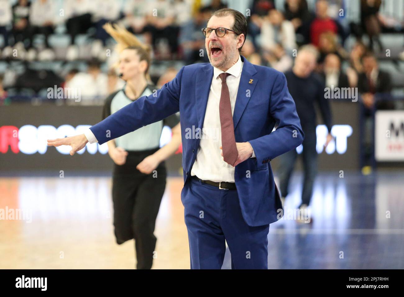 Andrea Mazzon the Head Coach of Umana Reyer Venezia L congratulates George Dikeoulakos the Head Coach of Famila Wuber Schio R for winning the Women s Final Eight of the Italian Cup 2023. The Famila Wu...