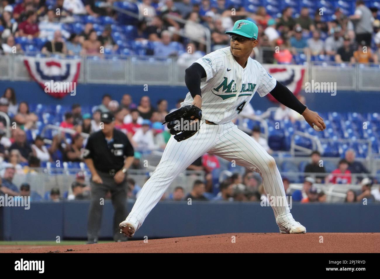 MIAMI, FL - MARCH 31: Miami Marlins starting pitcher Jesus Luzardo (44)  makes the start for the Marlins during the game between the New York Mets  and the Miami Marlins on Friday