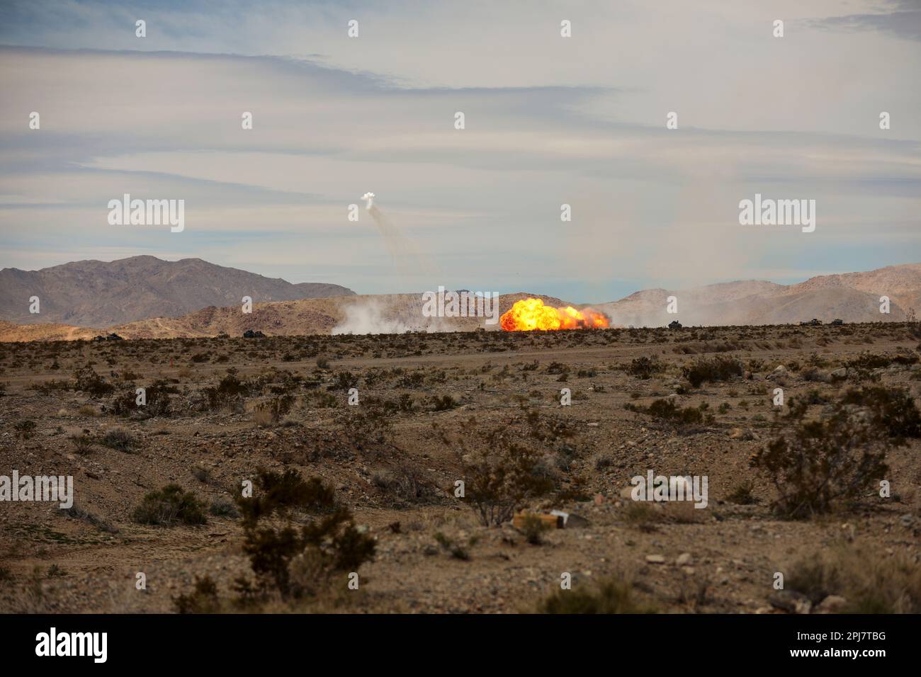 U.S. Army Soldiers assigned to the 'Spartan Brigade,' 2nd Armored Brigade Combat Team, 3rd Infantry Division, set off a mine clearing line charge at the National Training Center, Fort Irwin, California, March 8, 2023. The Spartan Brigade, the Army’s most modernized brigade, completed its rotation NTC 23-05, making it not only the best equipped but most lethal unit in America’s arsenal as the Army moves toward building the Army of 2030. (U.S. Army photo by Spc. Duke Edwards, 50th Public Affairs Detachment) Stock Photo