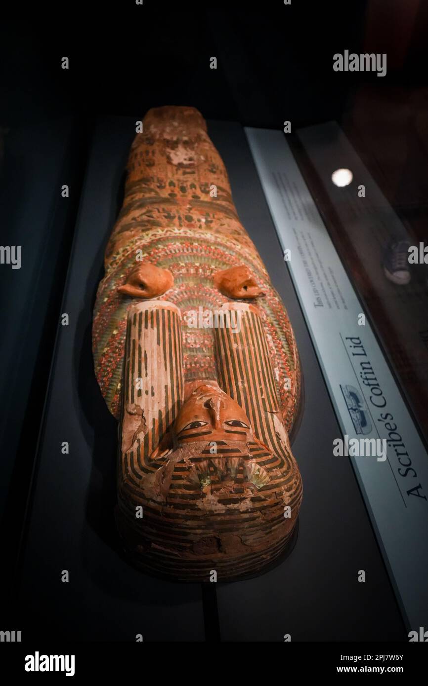 Denver, Colorado, United States - 3.22.2023: Denver Museum of Nature and Science, Egyptian exhibition, female mummy sarcophagus Stock Photo