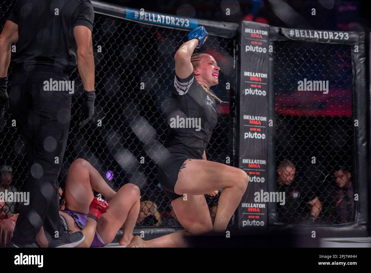 Temecula, Ca, California, USA. 31st Mar, 2023. TEMECULA, CALIFORNIA - MARCH 31: Sarah Collins celebrates her victory against Pam Sorenson in their Featherweight fight during the Bellator 293 event at Pechanga Resort and Casino on March 31st, 2023 in Temecula, California, United States. (Credit Image: © Matt Davies/PX Imagens via ZUMA Press Wire) EDITORIAL USAGE ONLY! Not for Commercial USAGE! Credit: ZUMA Press, Inc./Alamy Live News Stock Photo