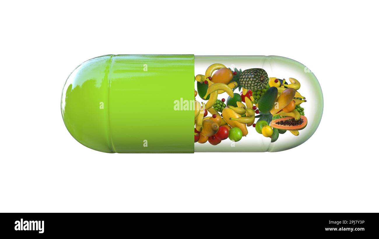 Pill with fruits, conceptual illustration Stock Photo