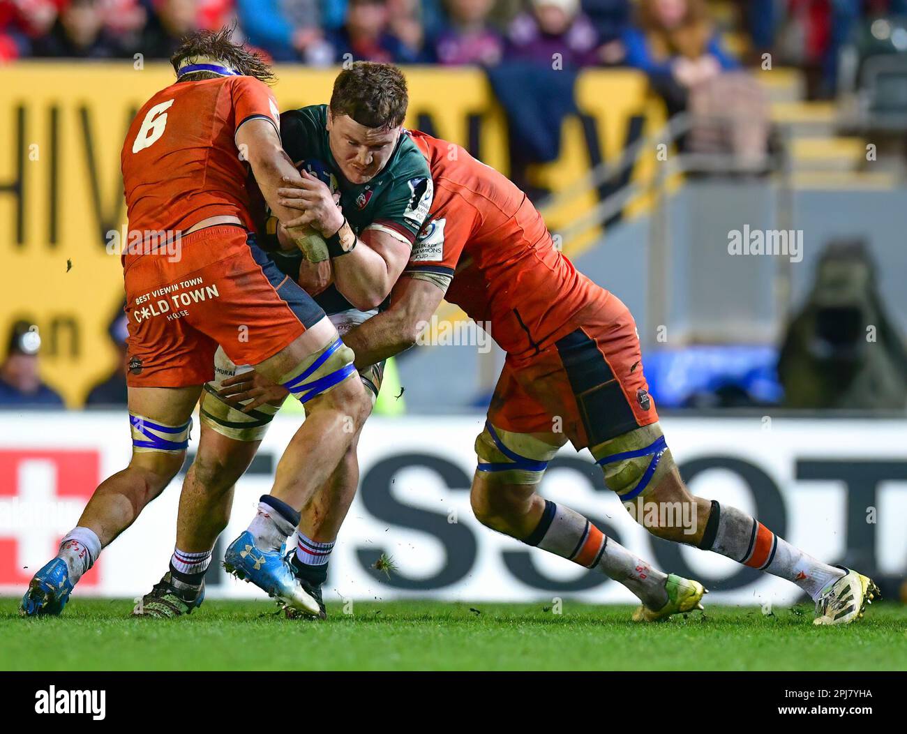 Jasper Weise (Leicester Tigers) - Leicester Tigers Rugby v Edinburgh Rugby Team at the Mattioli Stadium in Leicester, UK on 31 March 2023.  Jasper Weise (Leicester Tigers) tackled by Jamie Ritchie (Edinburgh) at the Mattioli Rugby Stadium, Leicester, Uk  Credit: Mark Dunn/Alamy Live News Stock Photo
