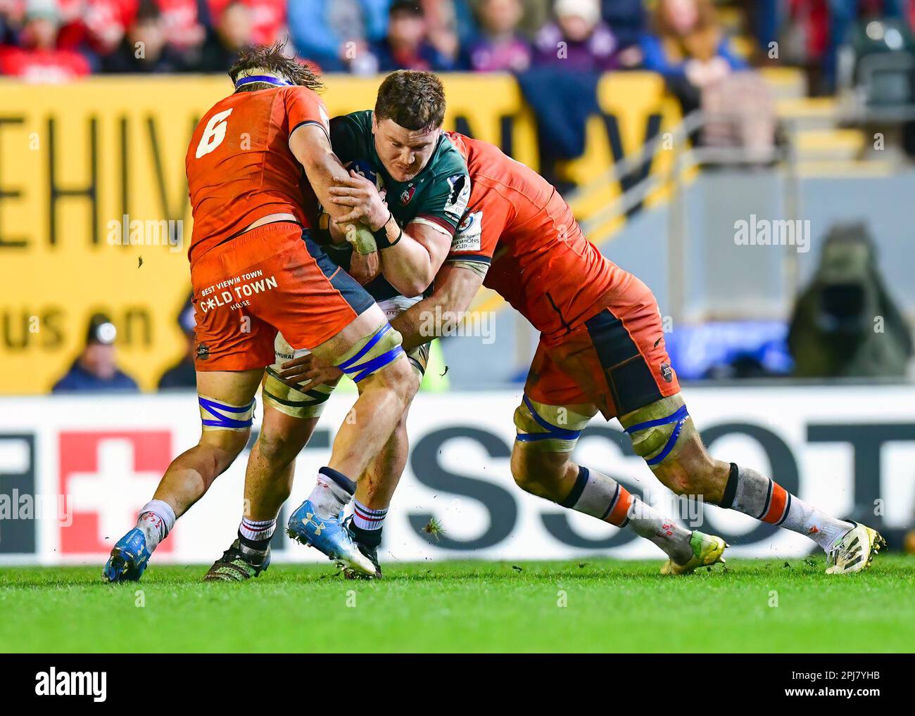 Leicester Tigers Rugby v Edinburgh Rugby Team at the Mattioli Stadium in Leicester, UK on 31 March 2023.  Jasper Weise (Leicester Tigers) tackled by Jamie Ritchie (Edinburgh) at the Mattioli Rugby Stadium, Leicester, Uk  Credit: Mark Dunn/Alamy Live News Stock Photo