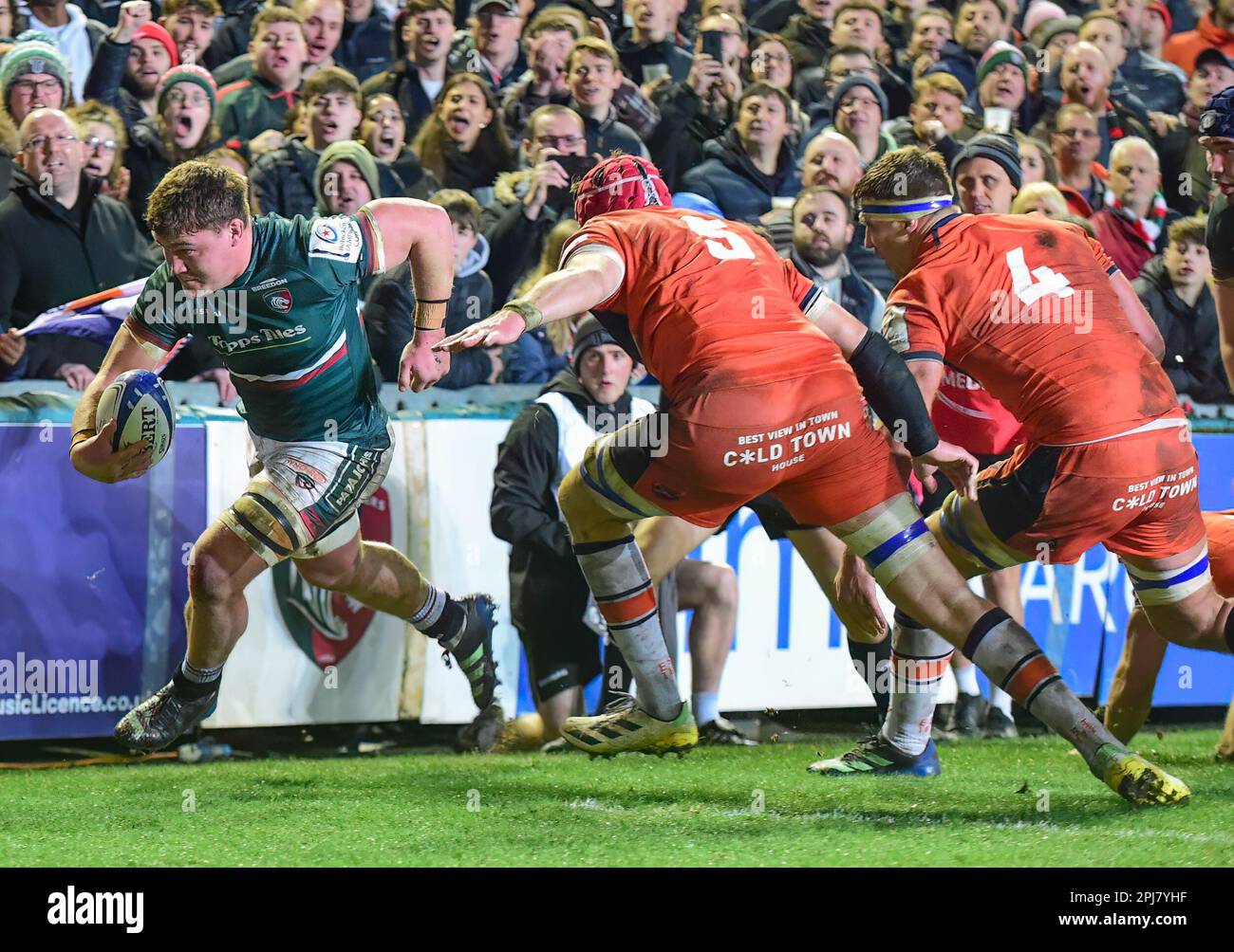 Leicester Tigers Rugby v Edinburgh Rugby Team at the Mattioli Stadium in Leicester, UK on 31 March 2023 - Jasper Weise (Leicester Tigers) scores Tri in second Half.  Jasper Weise (Leicester Tigers)  score a Tri at the Mattioli Rugby Stadium, Leicester, Uk  Credit: Mark Dunn/Alamy Live News Stock Photo