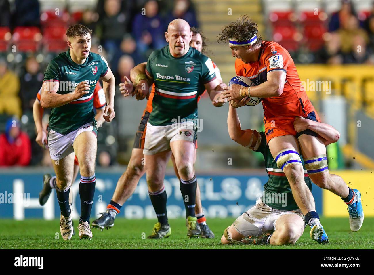 Leicester Tigers Rugby v Edinburgh Rugby Team at the Mattioli Stadium in Leicester, UK on 31 March 2023.  Jamie Ritchie (Edinburgh) tackled at the Mattioli Rugby Stadium, Leicester, Uk  Credit: Mark Dunn/Alamy Live News Stock Photo