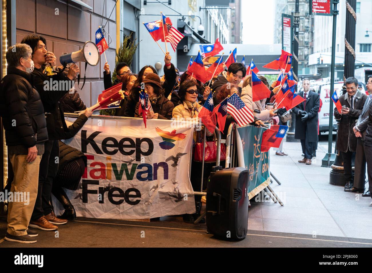 Supporters of free Taiwan gather to greet President of Taiwan Tsai Ing-wen as she about to leave Lotte Palace in New York on March 31, 2023 Stock Photo