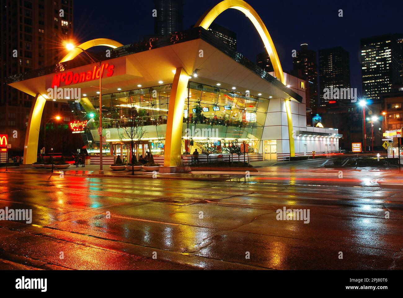A McDonalds in Chicago Takes on a Retro Look with architecture and large golden arches reminiscent of the 1950s Americana Stock Photo