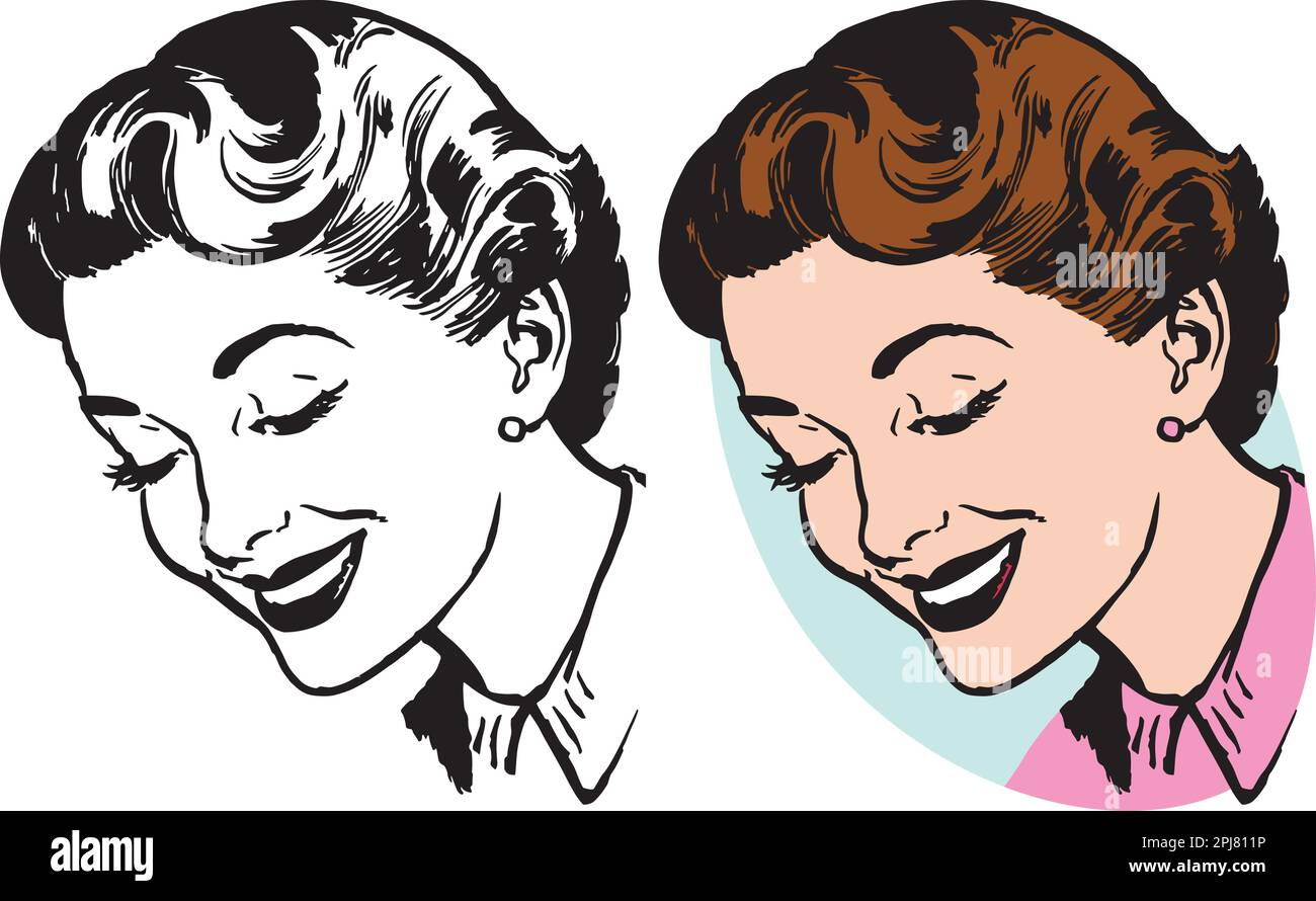 A vintage retro illustration of an attractive woman looking down. Stock Vector