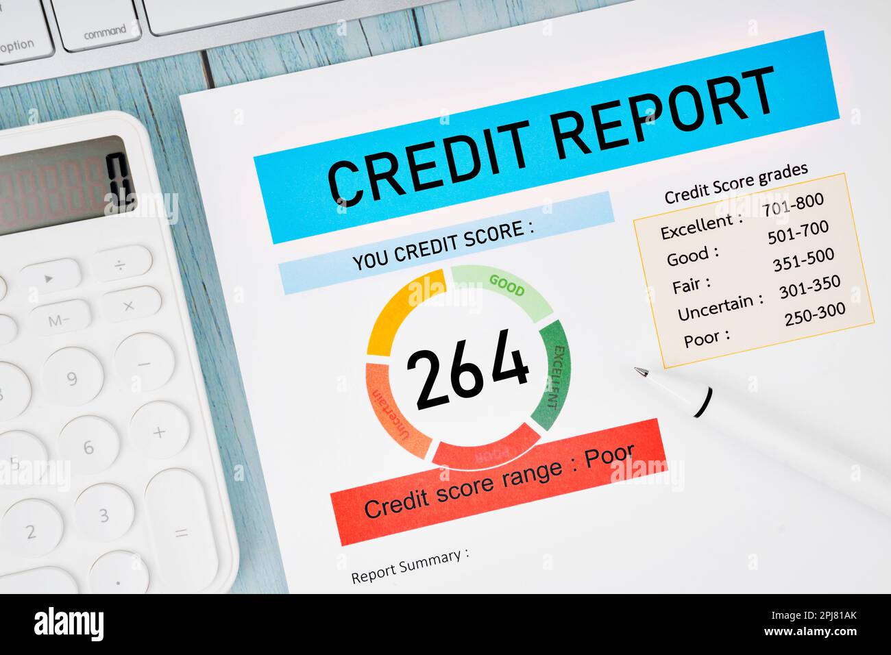 Credit score report document and pen with calculator on the desk. Stock Photo