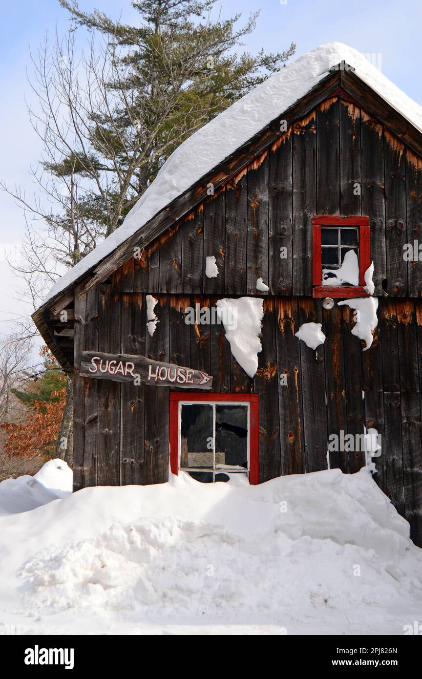 A maple sugar house appears isolated in the New England winter Stock Photo Alamy