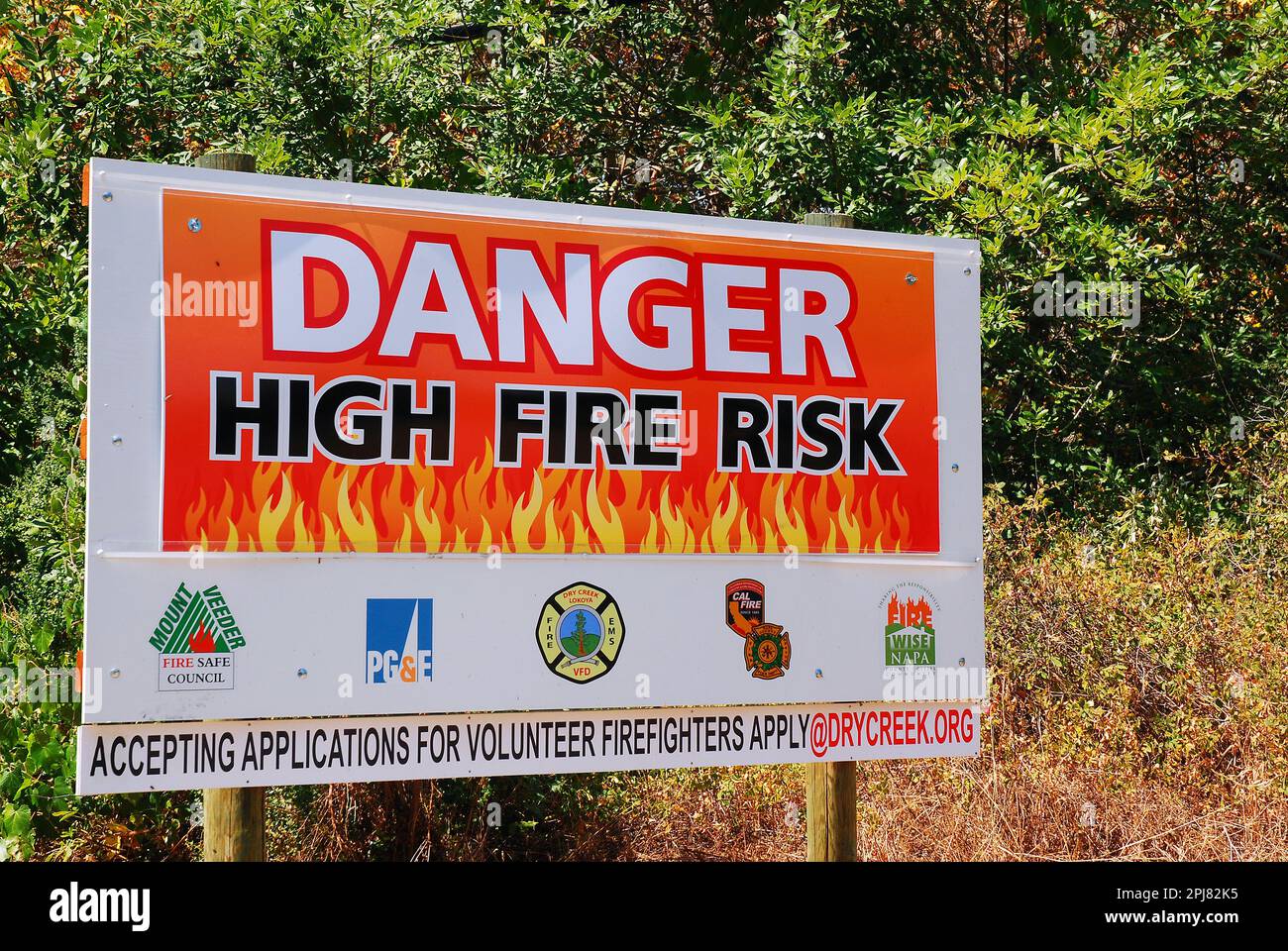 A sign in the Napa Valley California warns residents of the high wildfire danger in summer and drought season Stock Photo