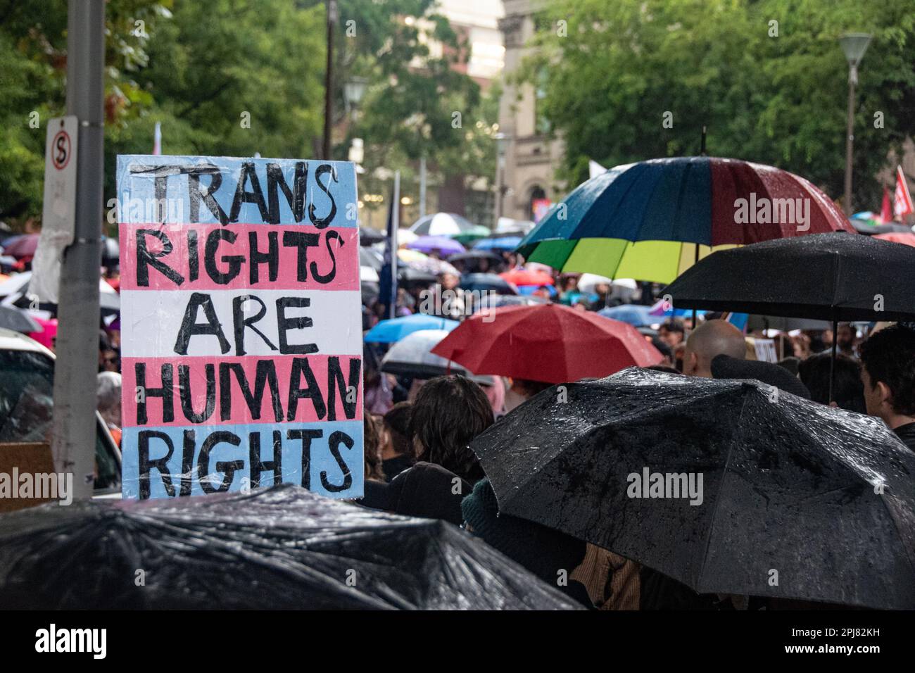 Melbourne, Australia. March 31st, 2023. Thousands of transgender rights activists take to the streets in the wet for the Trans Day Of Visibility. Credit: Jay Kogler/Alamy Live News Stock Photo