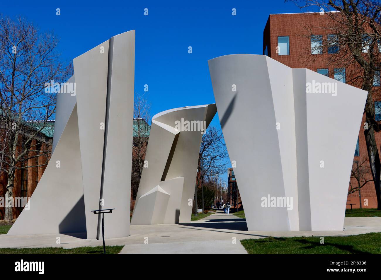 Architect Philip Johnson's sculpture "Turning Point" near Frank Gehry