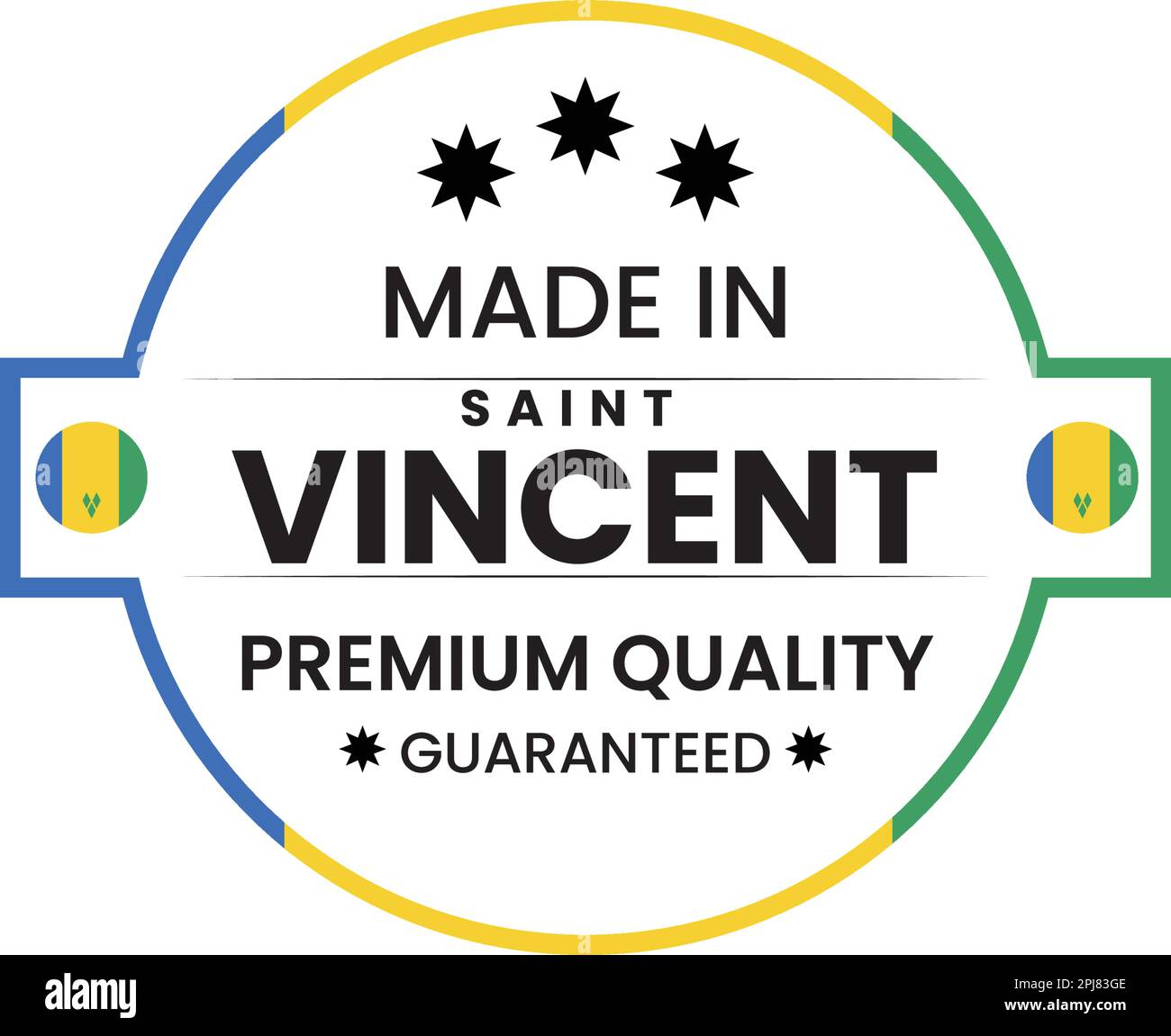 Made in Saint Vincent round labels in the English language. Premium Quality mark vector icon. Perfect for logo design, tags, badges, stickers, etc. Stock Vector