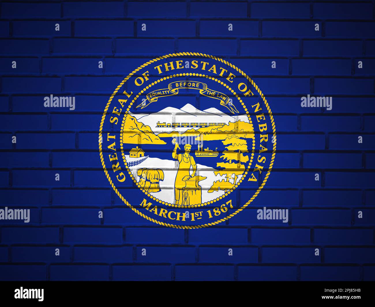 Brick wall Nebraska state flag background. 3d illustration Stock Photo