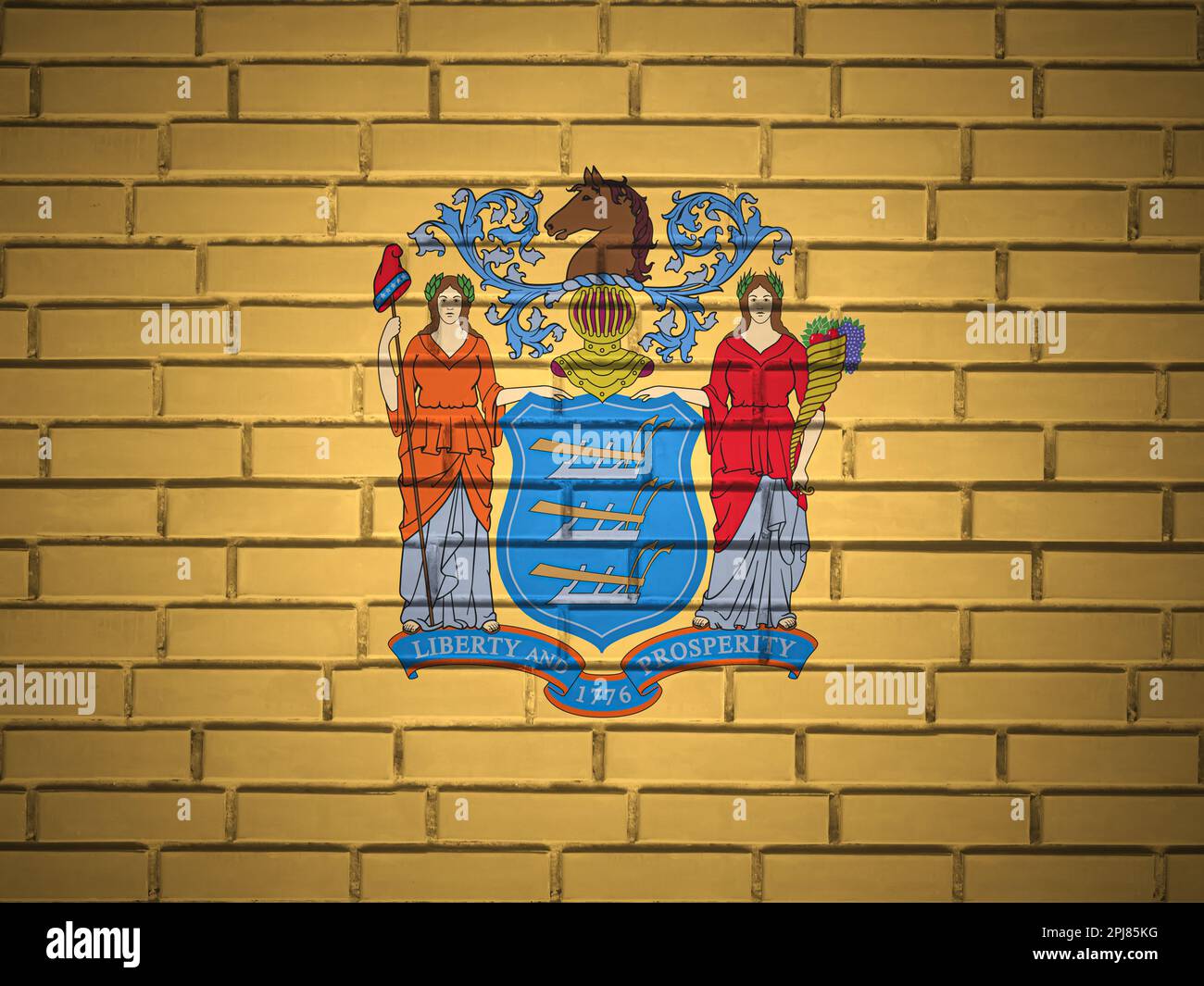 Brick wall New Jersey state flag background. 3d illustration. Stock Photo