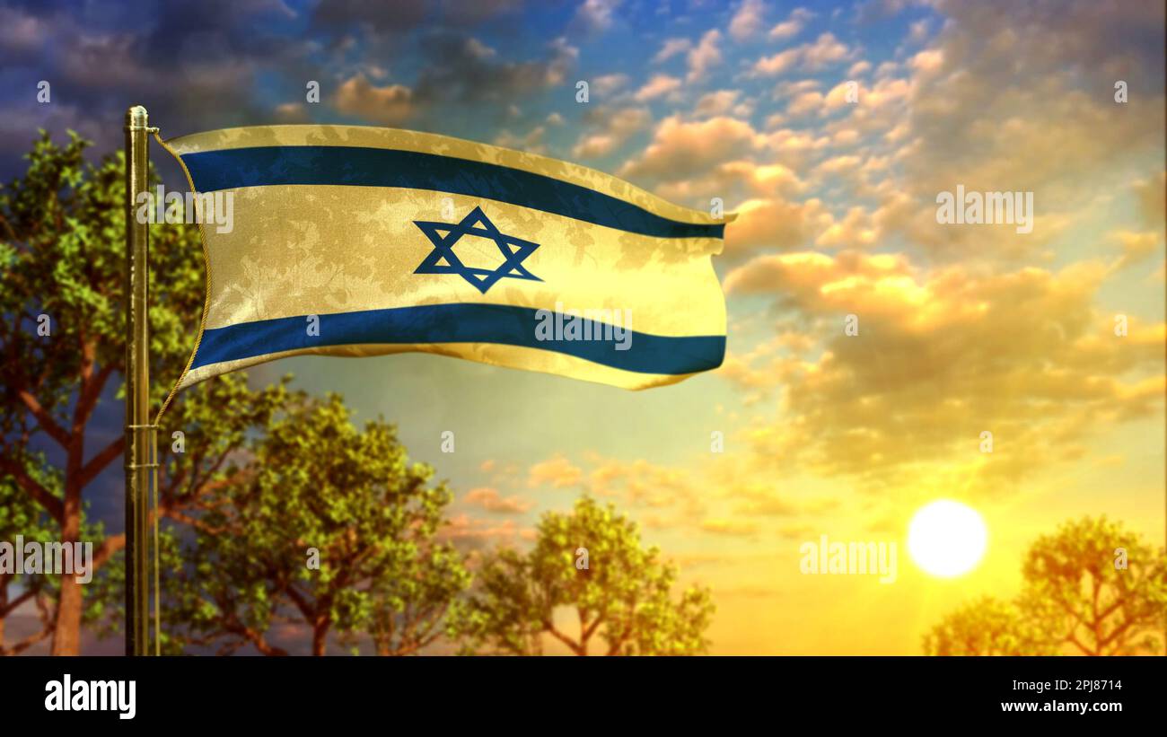 waving flag of Israel at sunrise for national holiday - abstract 3D ...