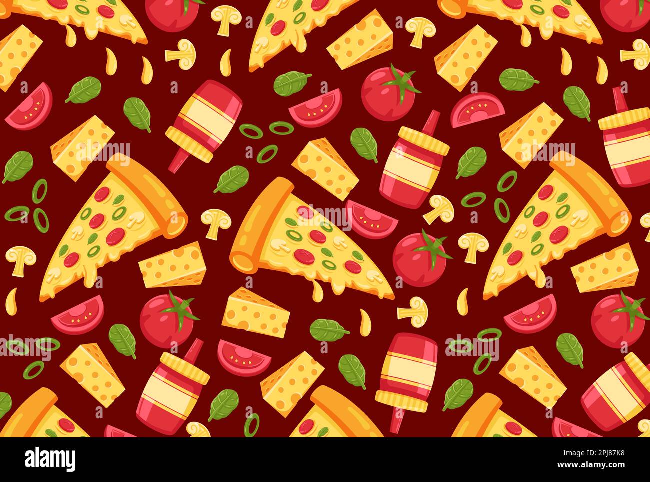 Pizza with mushroom, tomato, cheese and sauce elements seamless pattern Stock Vector