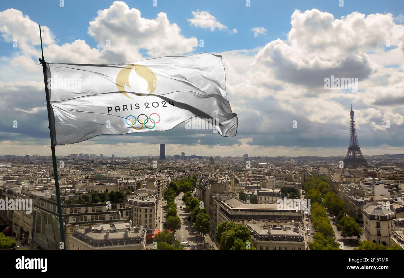 PARIS, FRANCE, March 2023: Top view of flag of french olympics games 2024 with grunge texture. no flagpole. Plane design, layout. official logo of SOG Stock Photo